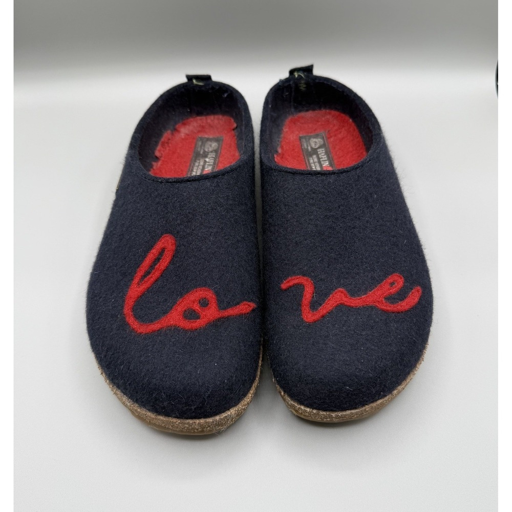 Haflinger Grizzly Lovely Wool Clogs Navy/Red‎ Script LOVE Slippers Womens 41